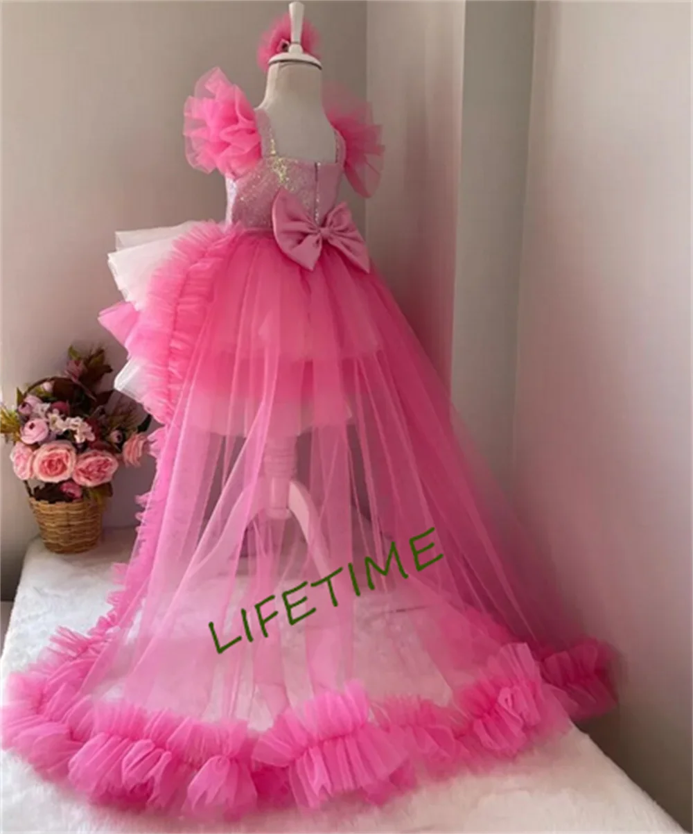 Fluffy Baby Girl Dress con lungo treno staccabile Little Princess Hot Pink Birthday Gown Flower Girl Dress Child 12M-14T