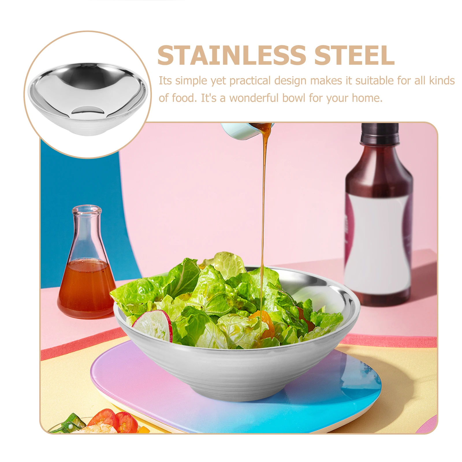 

Double layered 18cm Ramen Salad Bowl Stainless Steel Large Soup Trumpet Bamboo Hat Use Food Serving