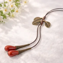 Bohemian Vintage Leaf Long Tassel Necklace for Women Adjustable Rope Sweater Chain Retro Statement Pendant Jewelry Fall Winter A