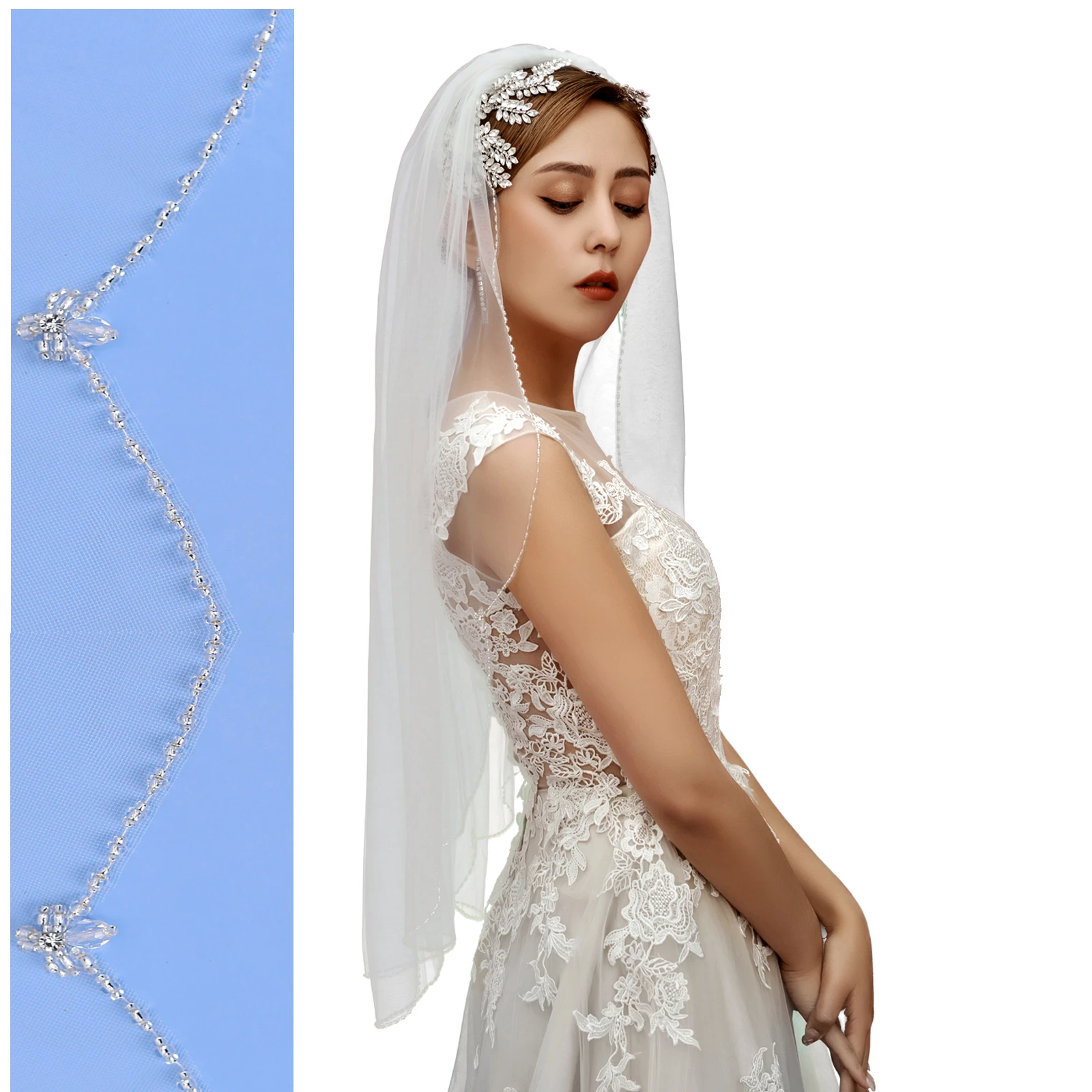 

TOPQUEEN V118 Elegance Wedding Veil with Clear Crystal Edge Fingertip Length Mantilla Bridal Veil Bridal Wedding Accessories