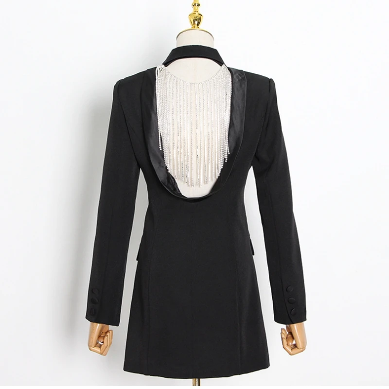 

Модный женский жакет с бахромой, сексуальный, с воротником-стойкой, украшенный стразами, приталенный, для офиса, с длинными рукавами, V-образный вырез