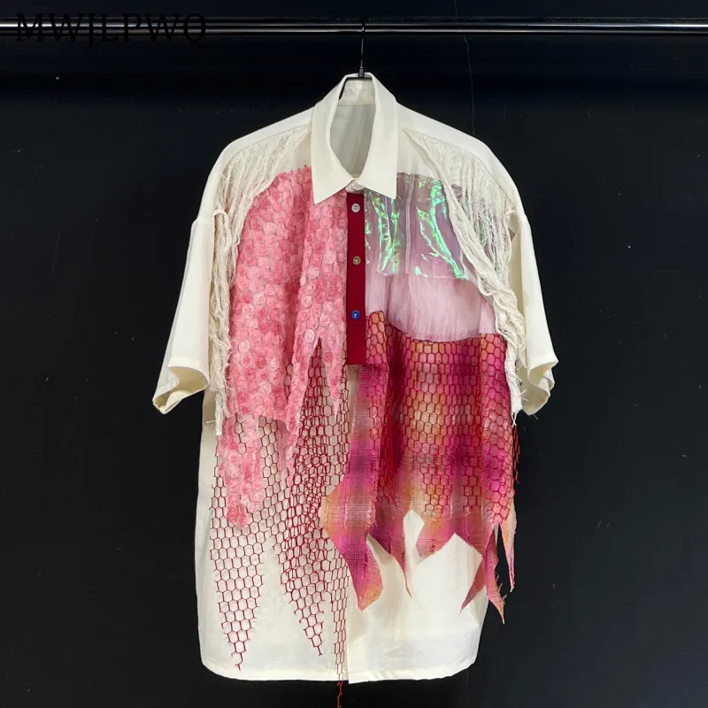 

MWJLPWQ Web Hollow Out Design Pink Shirt Men Lapel High Street Short Sleeve Women Loose Casual Top Autumn 2025 New Tide 11286
