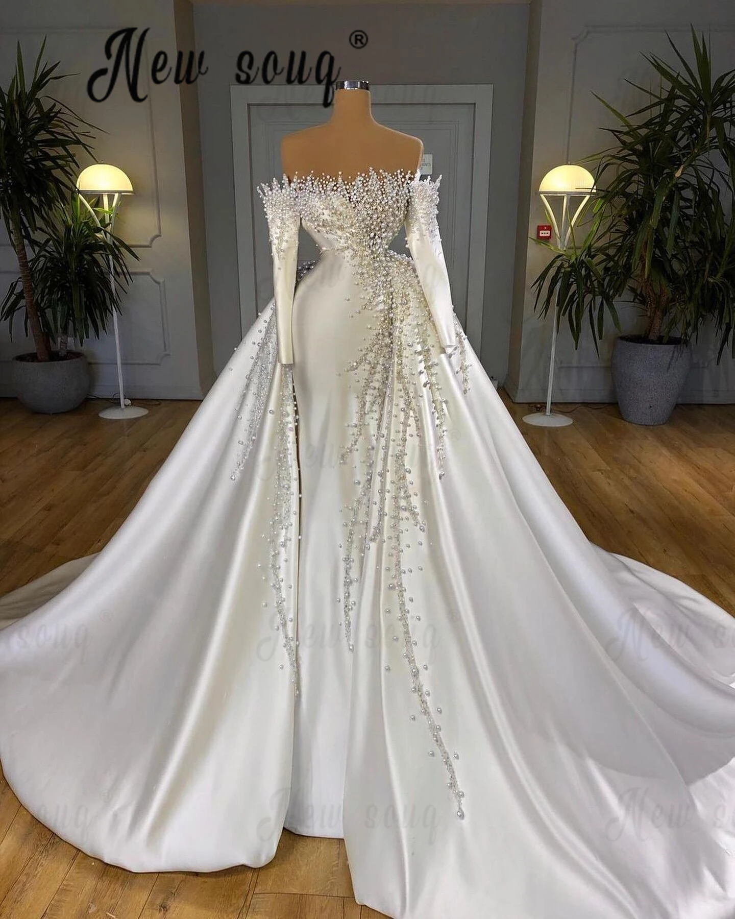 Luxury White Satin Wedding Dress With Detachable Train 2 Pieces Full Pearls Bridal Gowns Vestidos De Novias Sencllos Yelegantes