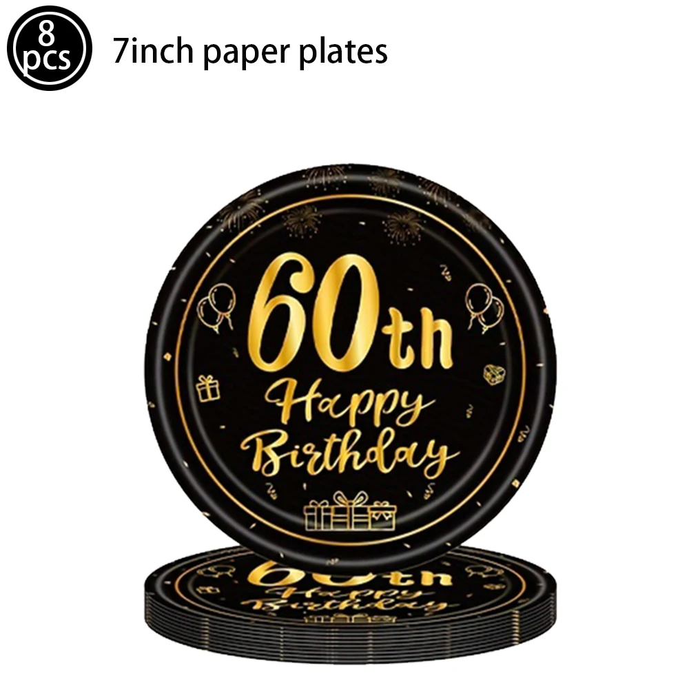 60th Birthday Decorations for Men Women Black and Gold 60th Paper Plate Cups Napkin Banner Balloon 60 Year Old Birthday Decors