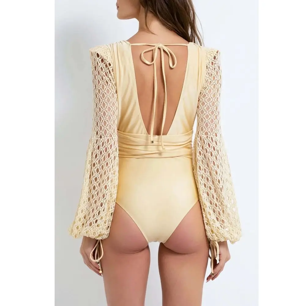 Vestido de playa elástico con recorte Natural, traje de baño Maxi de punto de ganchillo, traje de baño de cintura alta sólido, Bikini Sexy con