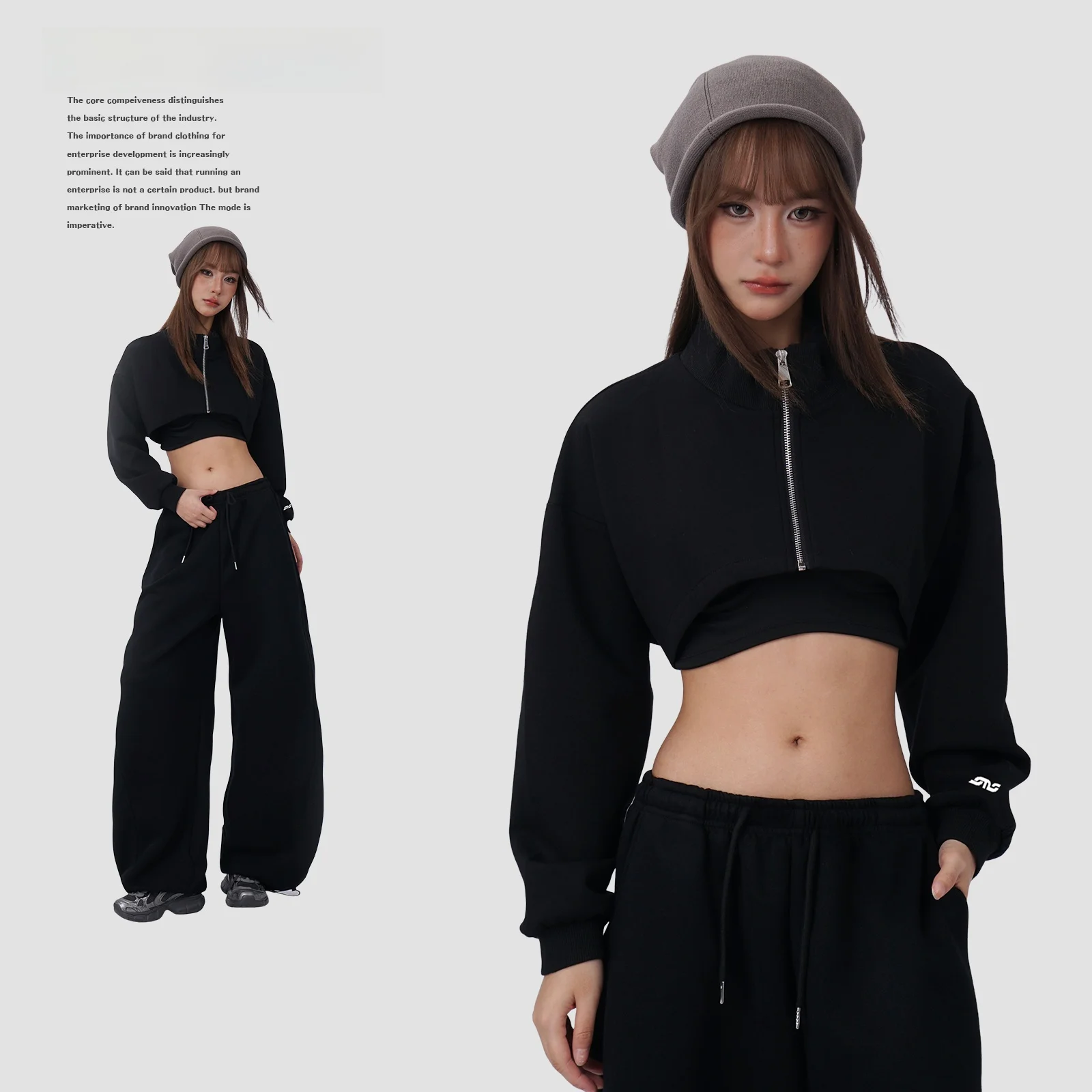 

Black Zipper Ultra-Short Oversized Crop Top Jacket Women's Stand Collar Belly-Baring Spicy Girl Dancing Sports Long Sleeve Hi...