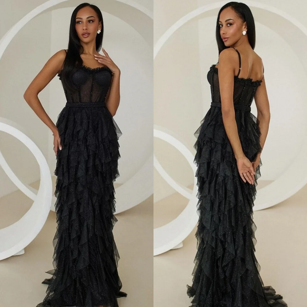 Customized Intricate Matching Prom Dresses A-line A-line Sweetheart Net Spaghetti strap Fold Layered Floor length