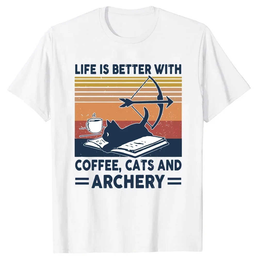 Streetwear Birthday Gifts T-shirt Funny Life Better with Coffee Cats and mangay Vintage Bow manga Bowhunting T Shirt Cotton