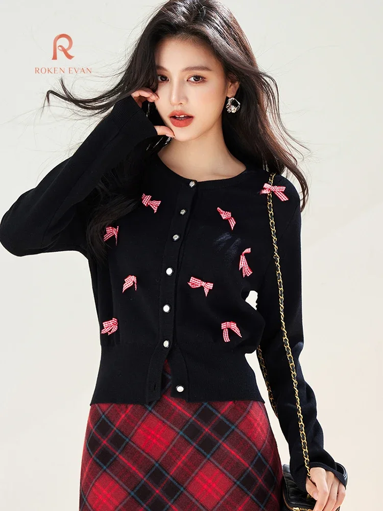 ROKEN EVAN 2024 Autumn Girly Black Cardigan Long Sleeve Bow Korean European Design Woman Pullover Outerwears Свитер Женский 니트