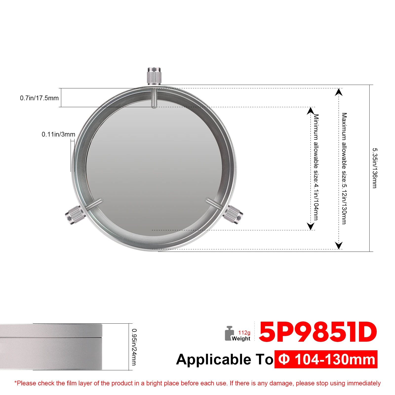 Datyson Solar Observing Filter Sheet all-metal Cap for 44-210mm telescope objectives/camera lenses image 3