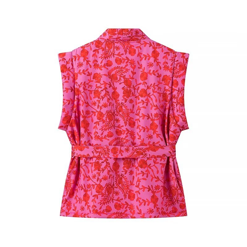 New Autumn Women With Belt Floral Print Vest Sleeveless Vintage Waistcoat Loose Coat