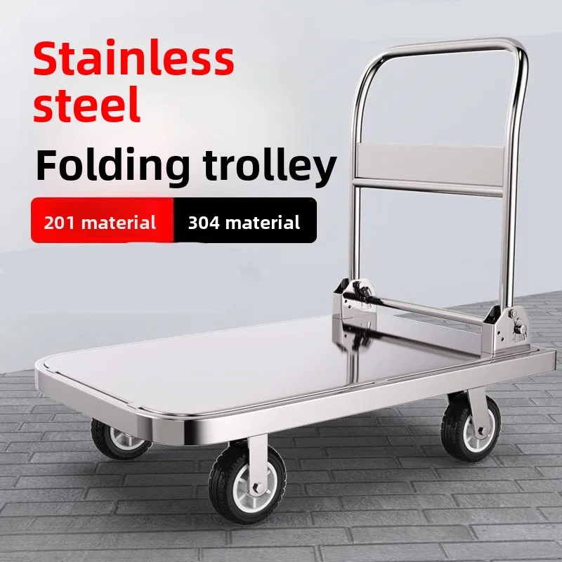 304 Stainless Steel Foldable Hand Truck Silent Flatbed Trolley Rolling Cargo Cart Portable Handcart with Smooth Wheels