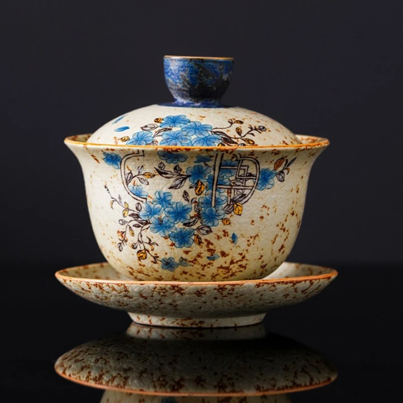 Blue and White Flint Red Lidded Tea Bowl, Ceramic Home/Office Tea Set, Personal Tea Drinking Gongfu Teaware with Hovering Lid.