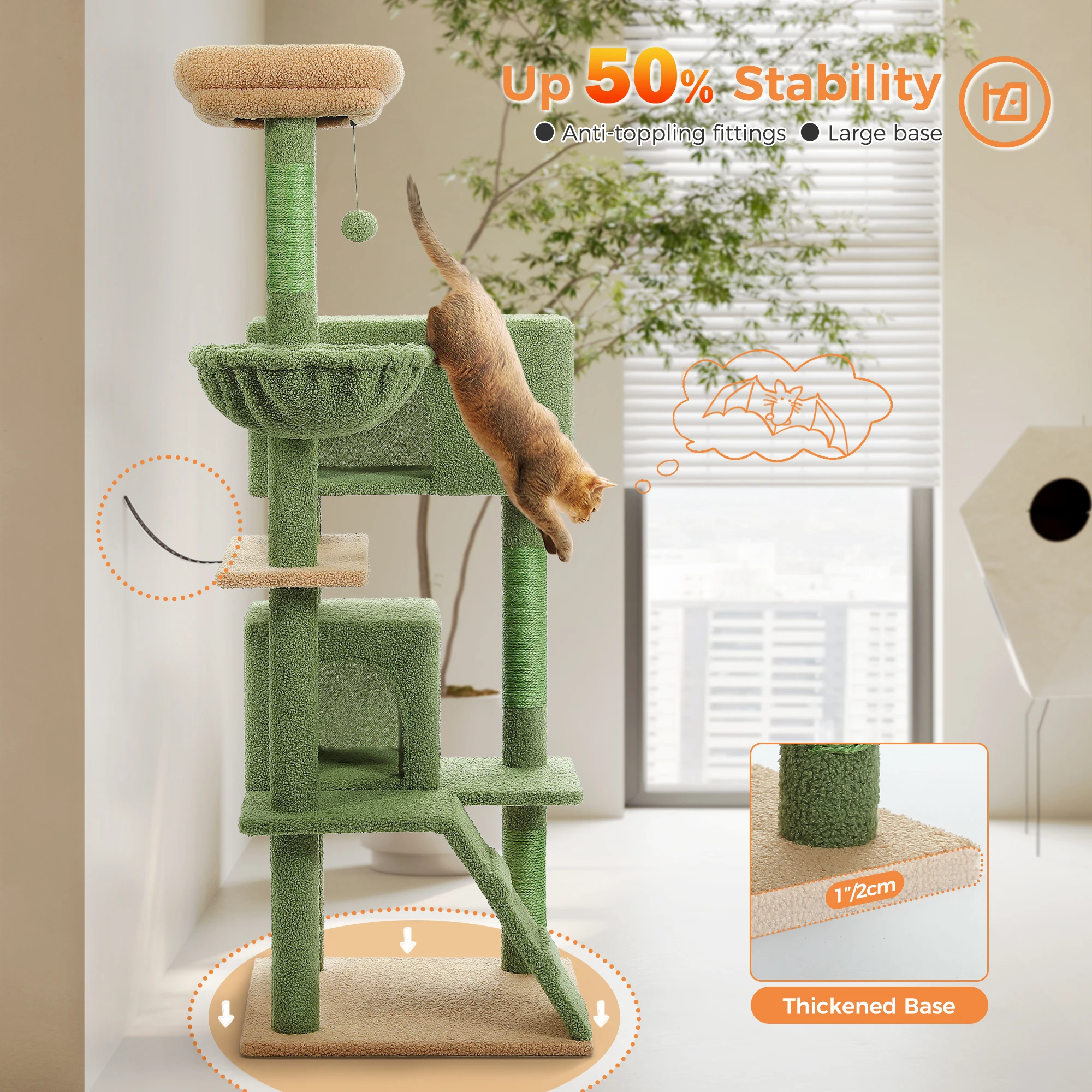 Multi-Level Luxury Cat Tree Tower with Cat Condo Cozy Perches Pet Play House Scratching Post Stable Cat Tower with Hanging Ball