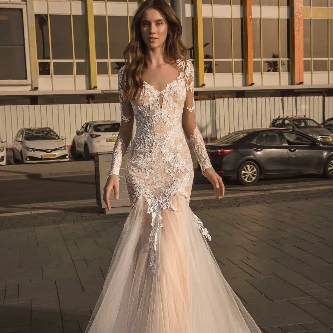 

Sexy Mermaid V-neck Champagne Wedding Dress Lace Applique Long Sleeves Bridal Gown Illusion Backless Customize Vestidos De Noiva