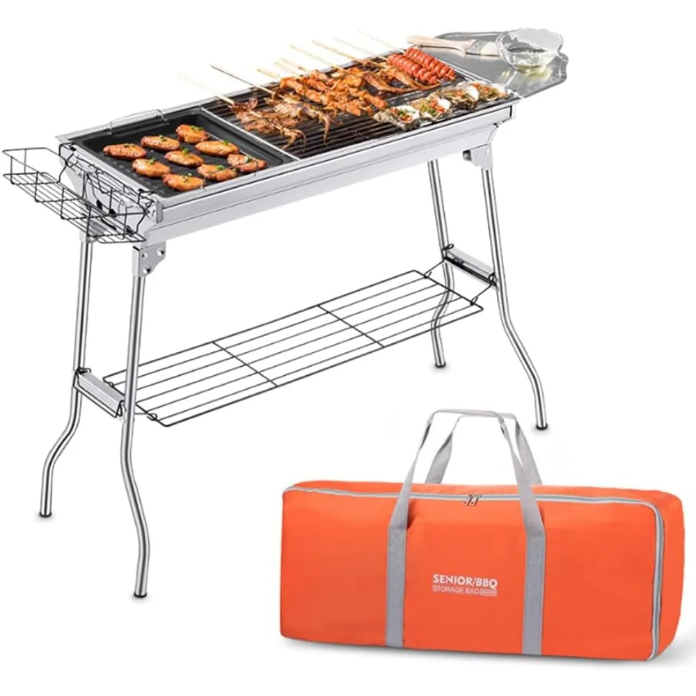 Portable charcoal grill for family gatherings and backyard barbecue with storage bags and non-stick frying pan