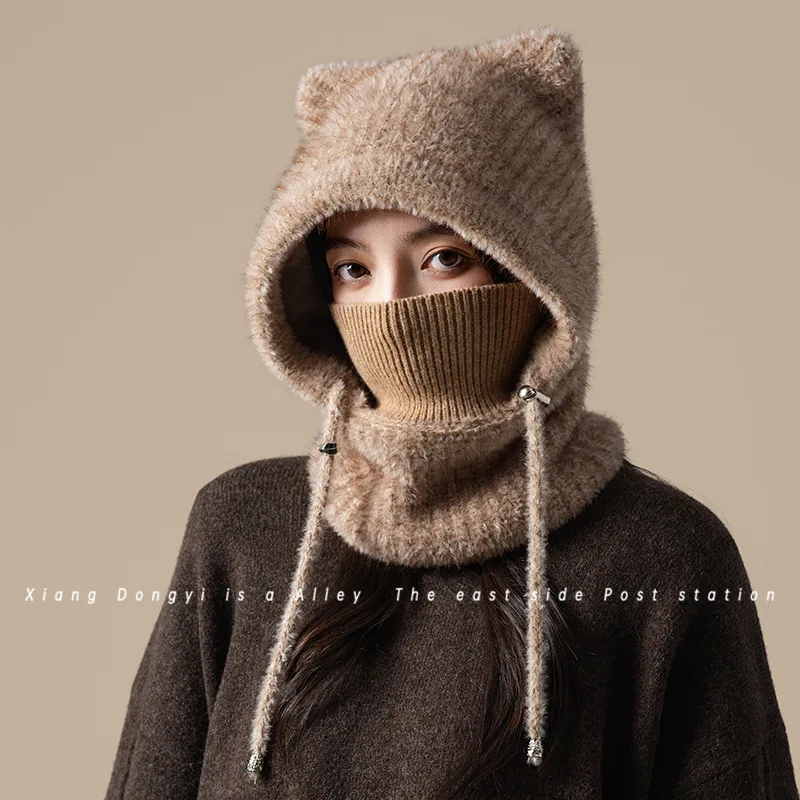 Knit Cartoon Head Cover with Ear for Outdoor Sports Knit Hat with Ear Oversized Headgear Hat for Winter