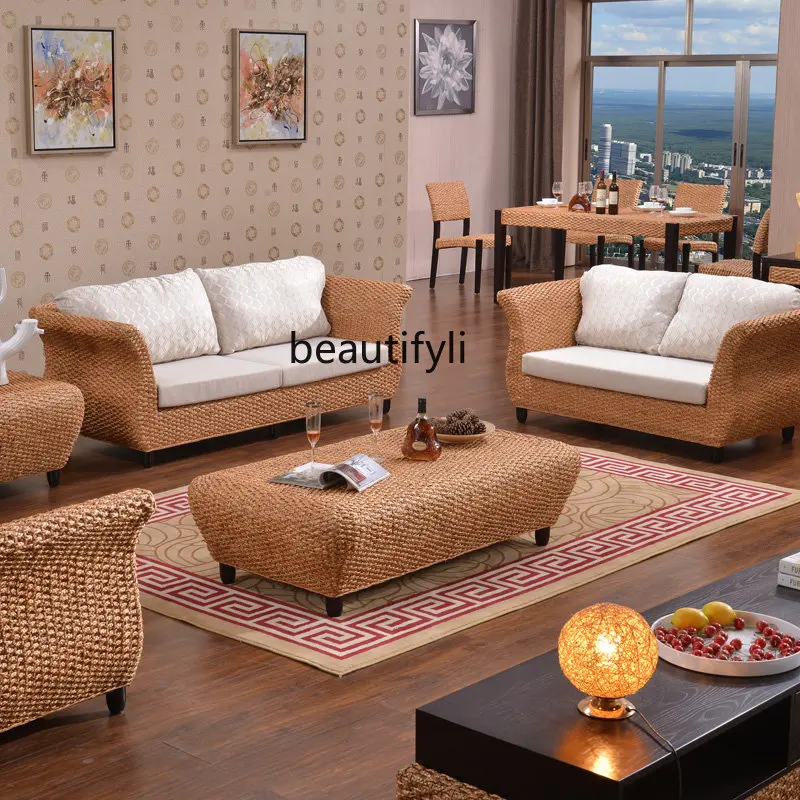 Naturalny salon w Sofa rattanowa rzeczywistym pięcioczęściowa podwójna Sofa trawa wodna tkane rattanowe mała Sofa