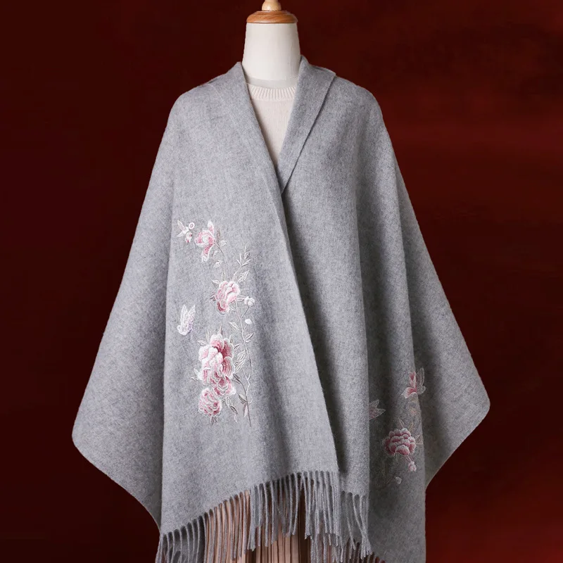 

100% Wool Embroidery Shawls Female Designer Women Winter Scarf Pashmina Flower Bufandas Foulard Warm Hijab Wraps Travel Stoles