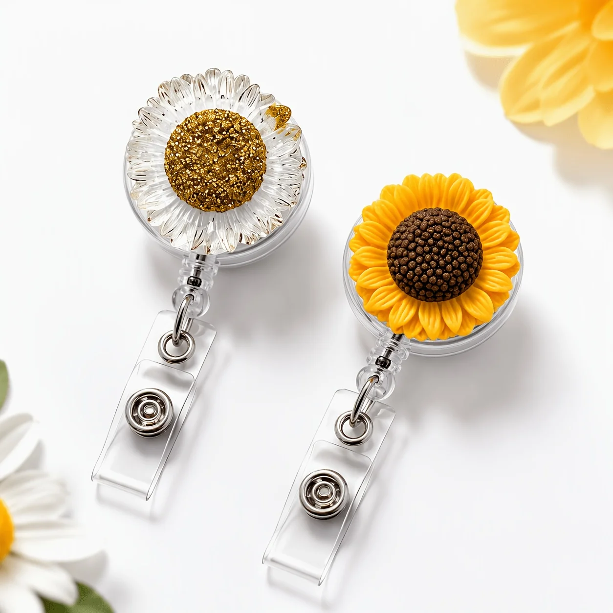1Pc 3D Sunflower Retractable Badge Reel, Cute Daisy ID Badge Holder, Lanyard Snap Clip, Student Office Supplies