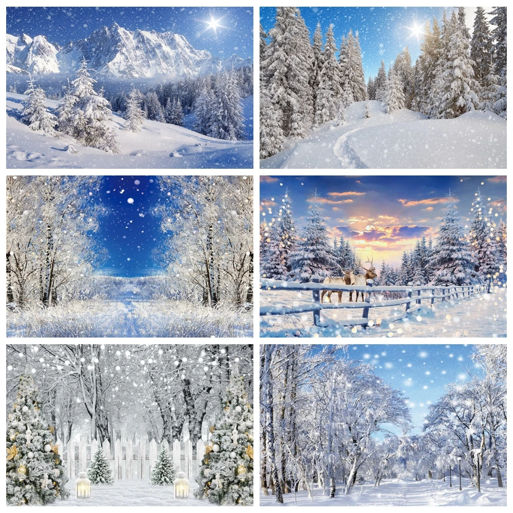 

Winter Snow Scene Backdrop Forest Mountain Nature Landscape Snowflake Christmas Tree Baby Portrait Photography Background Decor