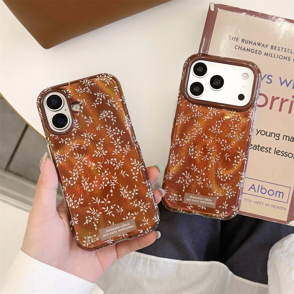 Retro White Floral Phone Case For iPhone 15 16 17 18 Pro Max Glitter Series Brown Kawaii Flower Shockproof Protective Cover