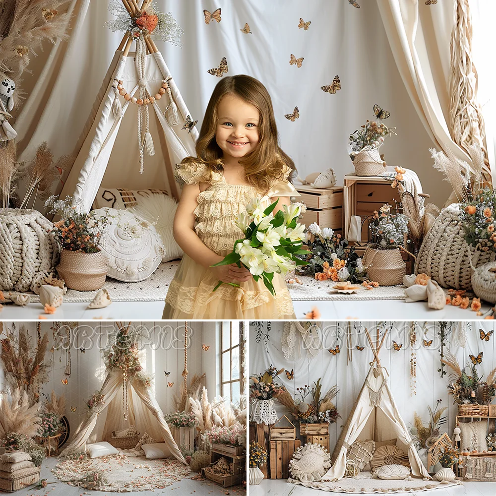 Boho-inspired Fall Photography Backdrop Teepee Butterflies Flowers Vases Garland Pampas Grass Background Photo Studio Photo-call