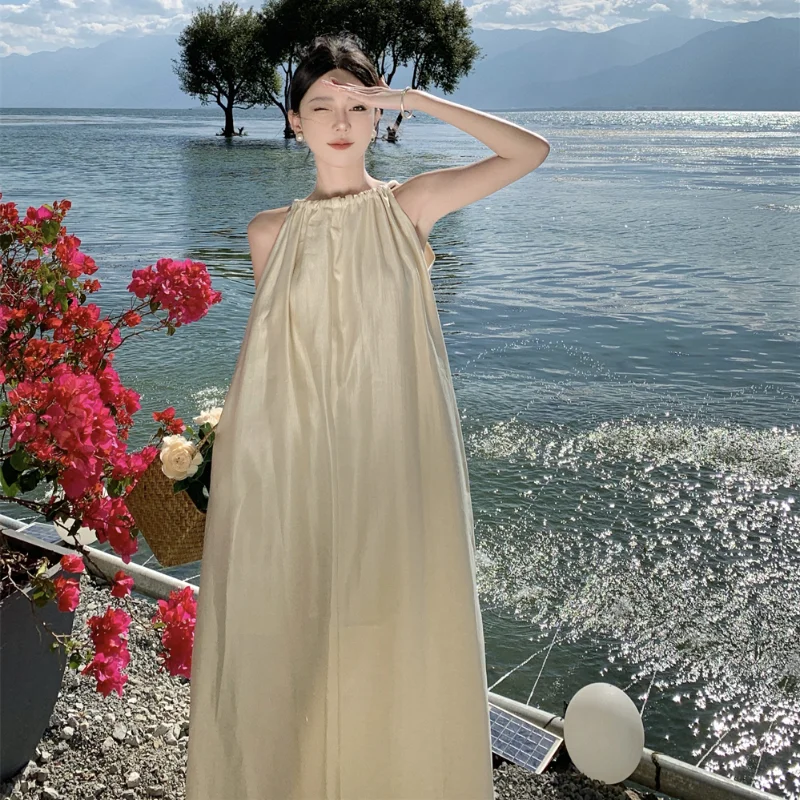 Women\'s Fashion Apricot Hanging Neck Round Neck Sleeveless Pleated Long Dress 2024 Summer Temperament Elegant Loose Halter Dress