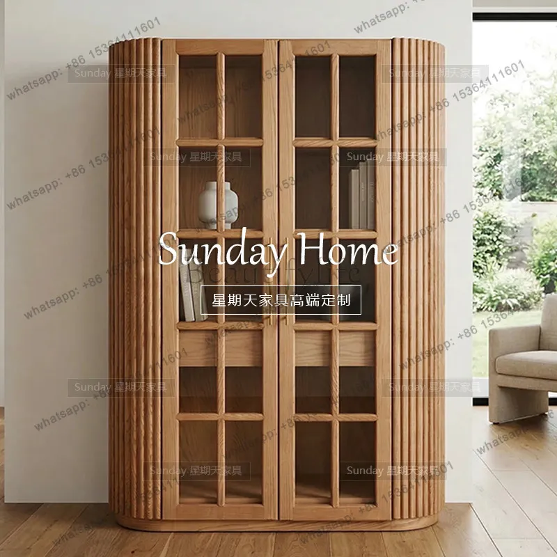 Factory Direct Wabi-Sabi Striped Design Bookcase Living Room Wall-Side Shelf Storage Cabinet