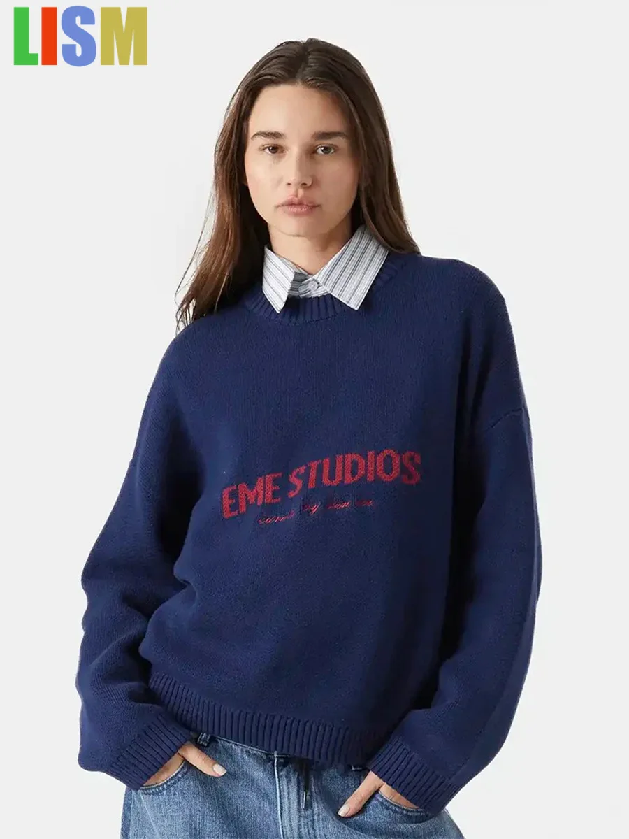 

LISM women's winter clothes y2k hoodies sweatshirt 2025 Knit Pullover Sweater O-Neck Embroidery Loose Fit Lazy Jumpers