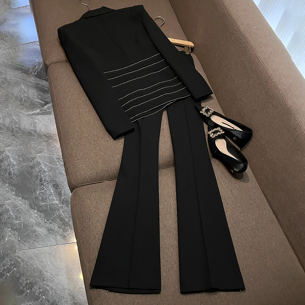 TWOTWINSTYLE Elegant Black Tailored Two Piece Set for Women Blazer Striped Hem Design Wide Leg Pants Suit for Office KSE560561