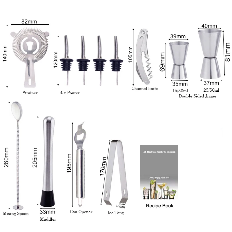 13Pcs Bartender Kit Cocktail Shaker Mixer Bar Tools 750/600ml Shakers With Cocktail Recipe Pourer Jigger