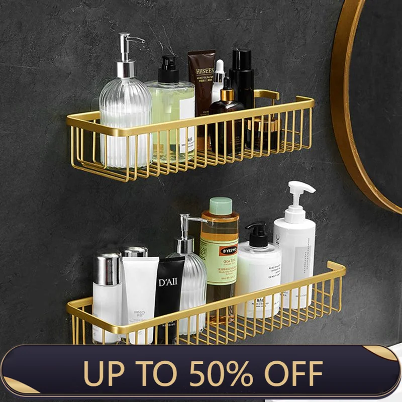 Wall Mounted Bathroom Shelf Shampoo Cosmetic Storage Rack Brushed Gold Storage Organizer Rack Soap Cosmetic Shelf Household Item
