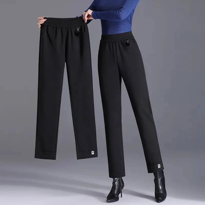 Pantalones de lana para mujer, pantalón bombacho fino de cintura alta elástica, holgado, informal, con bolsillo, de nueve puntos, otoño e invierno, novedad de 2023