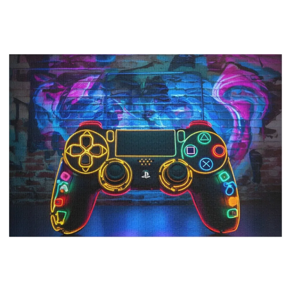 Abstract Neon Art PS4 Controller Jigsaw Puzzle Personalized Photo Personalized Gifts Wood Photo Personalized Puzzle