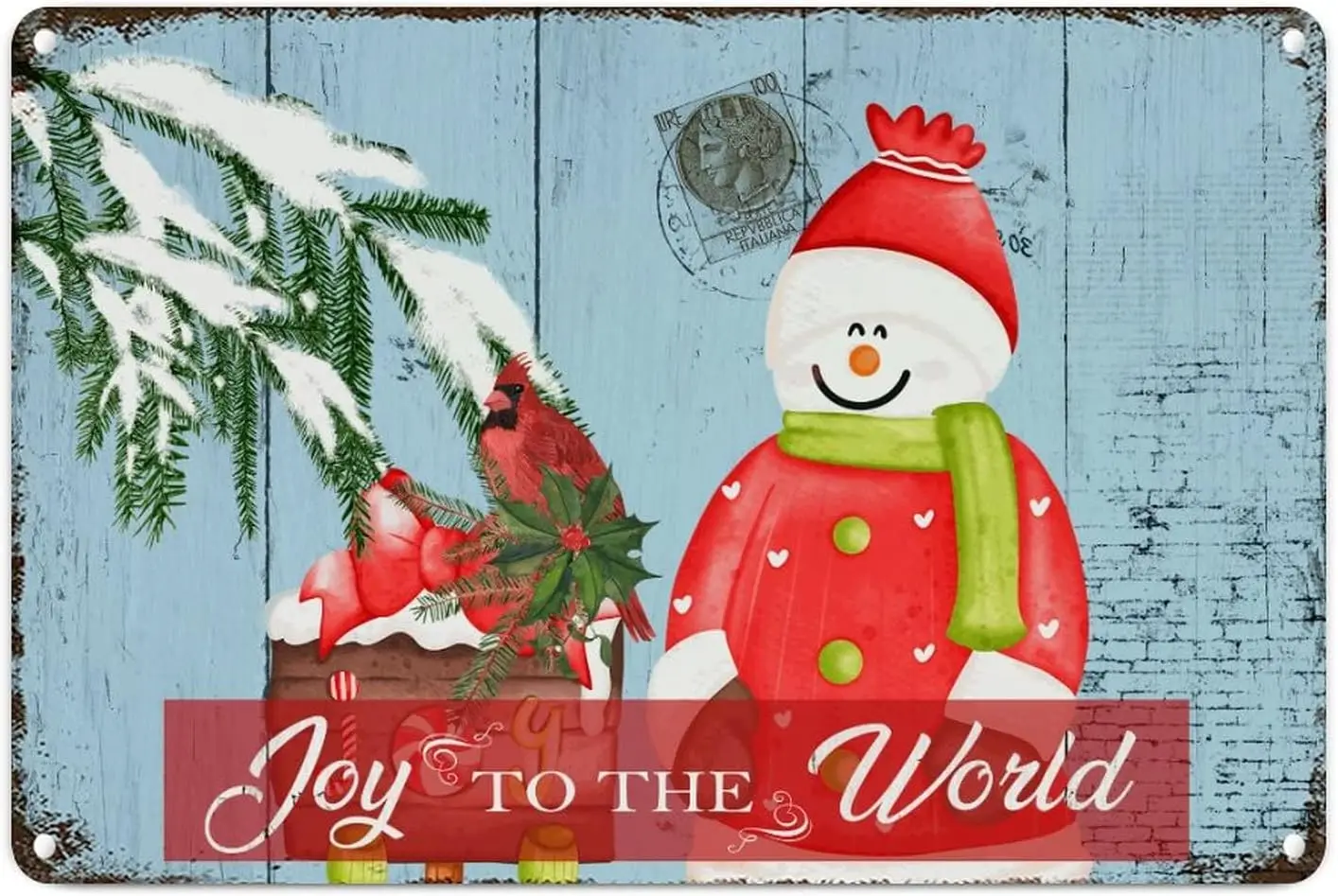 Wall Art Decor Metal Sign Joy to The World Men Cave Signs Vintage Snowman Red Bird Metal Sign New Year Seasonal French Vintage R