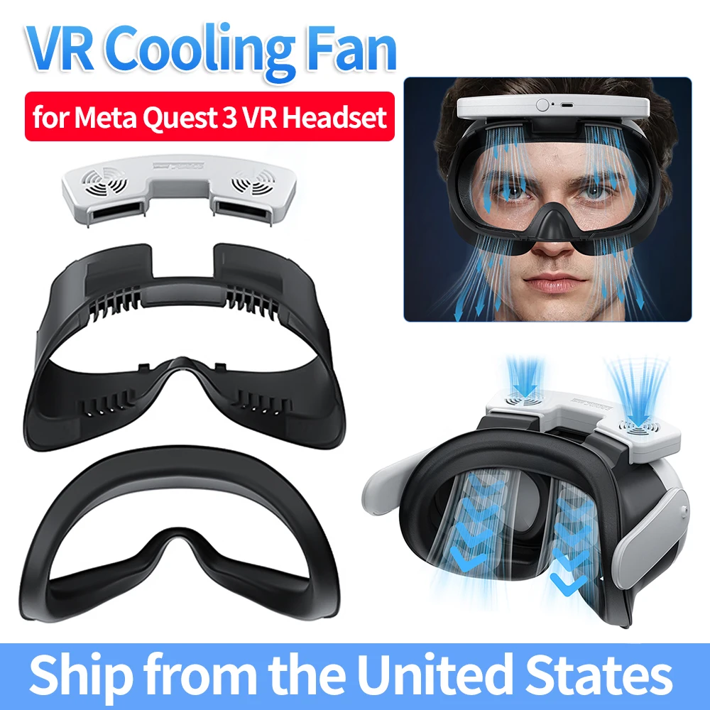 Face Cover Pad with Cooling Fan for Meta Quest 3 VR Headset Relieve Lens Fogging Facial Ventilation Fan with PU Face Cushion Pad