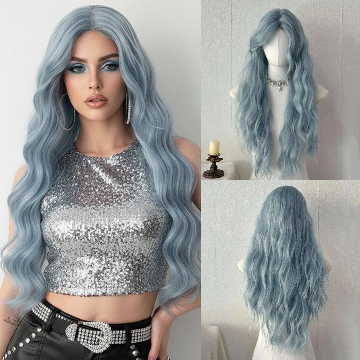 

Long Curly Synthetic Hair Wig Blue Middle Part Wig Fluffy Lolita Heat Resistant Wig For Women Daily Party Cosplay