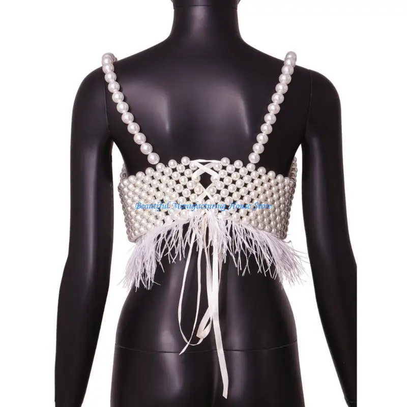 

E56A Women Woven All-matched Body Chain Camisole Imitation Pearl Crystal Beaded Vest Hollow Out Mesh Top Body Jewelry