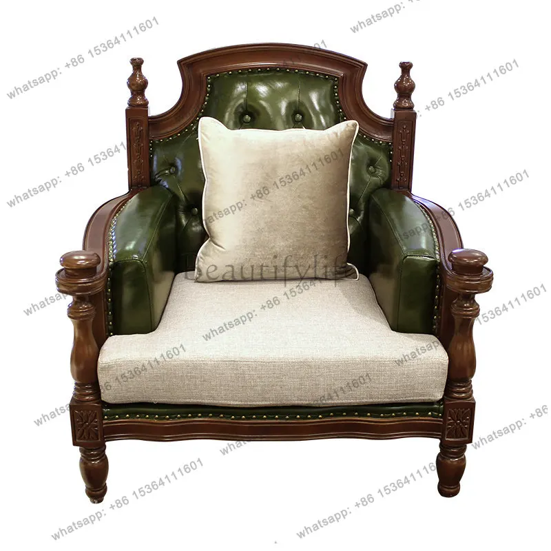 American all-solid wood leather sofa combination furniture European leather art sofa green