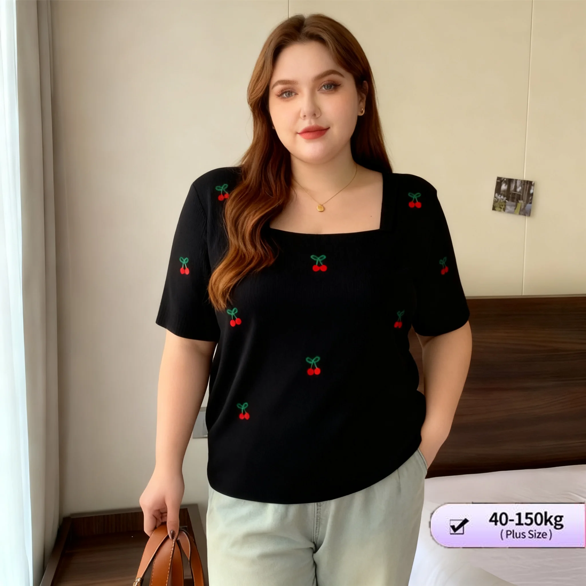 【تي شيرت كبير الحجم】(40-150 كجم) طباعة الكرز رقبة مربعة وأكمام قصيرة فضفاضة نحيفة للنساء تي شيرت مقاس كبير تي شيرت ملابس غير رسمية
