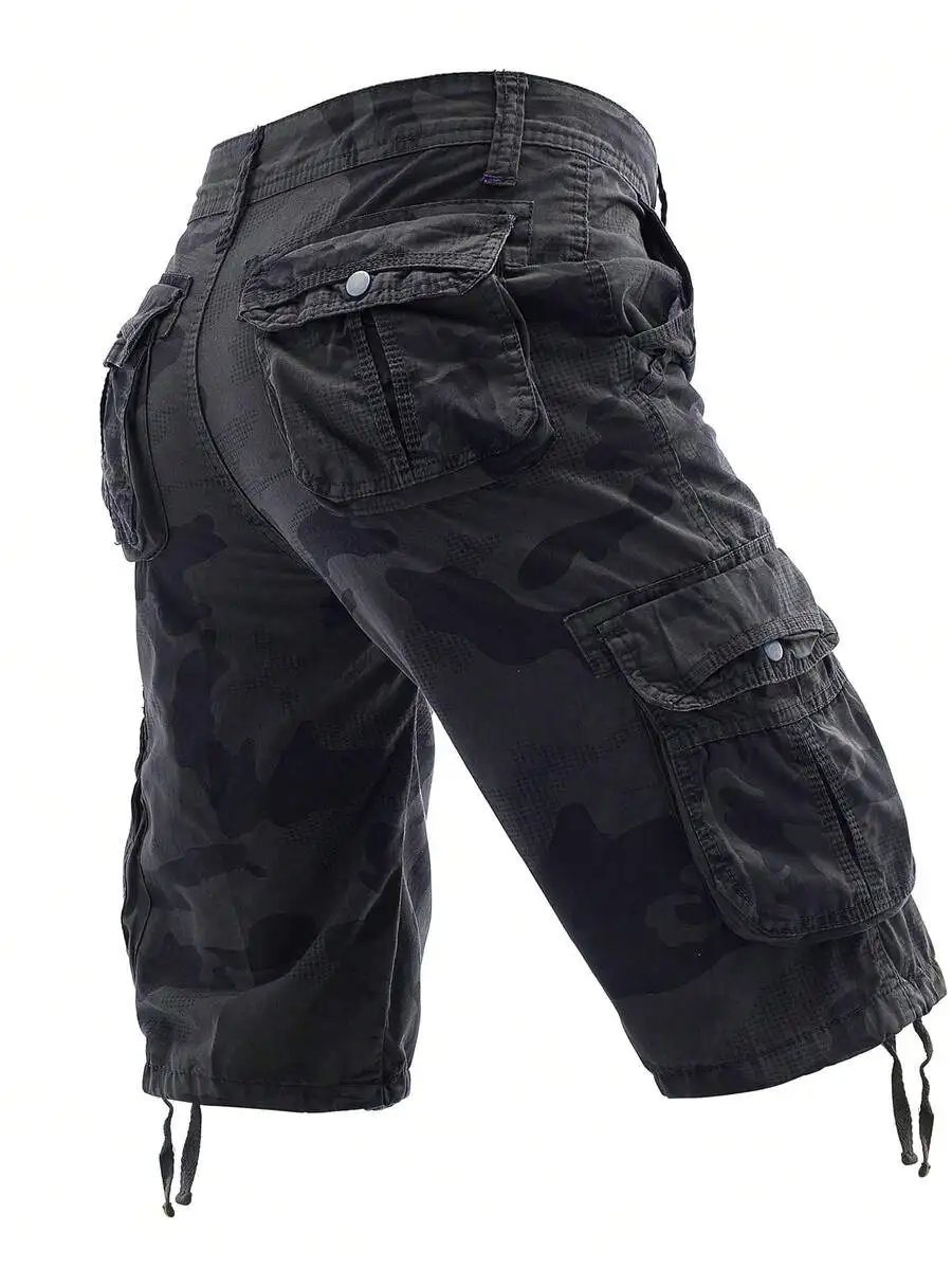 Mens Black Camouflage Cargo Shorts With Multiple Utility Pockets For Outdoor Activities Travel And Casual Summer Wear