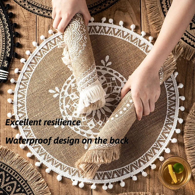 4 PCS Round Placemats with Tassels Boho Linen Table Mat Non-Slip Heat Insulation Cup Coaster Kitchen Placemat for Dining Table