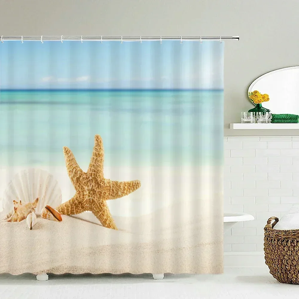 Seascape Beach Shower Curtains Bathroom Shower Curtain 3D Fabric Curtain Waterproof Curtain Easy to Install, Smooth and silent