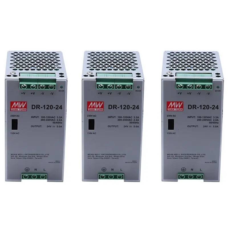 

Промышленный импульсный блок питания 3X DR-120-24 120 Вт, 24В 5А, для монтажа на DIN-рейку