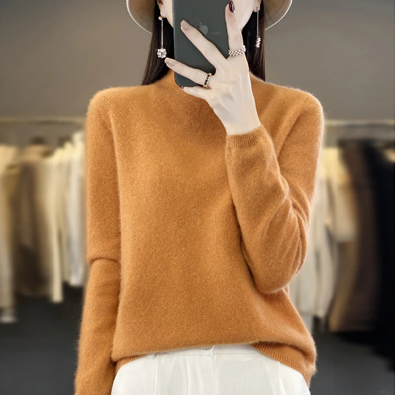 

Autumn Winter 100% Pure Wool Sweater Women First Line Seamless Curled Half-high Collar Pullover Casual Cashmere Knitting Top