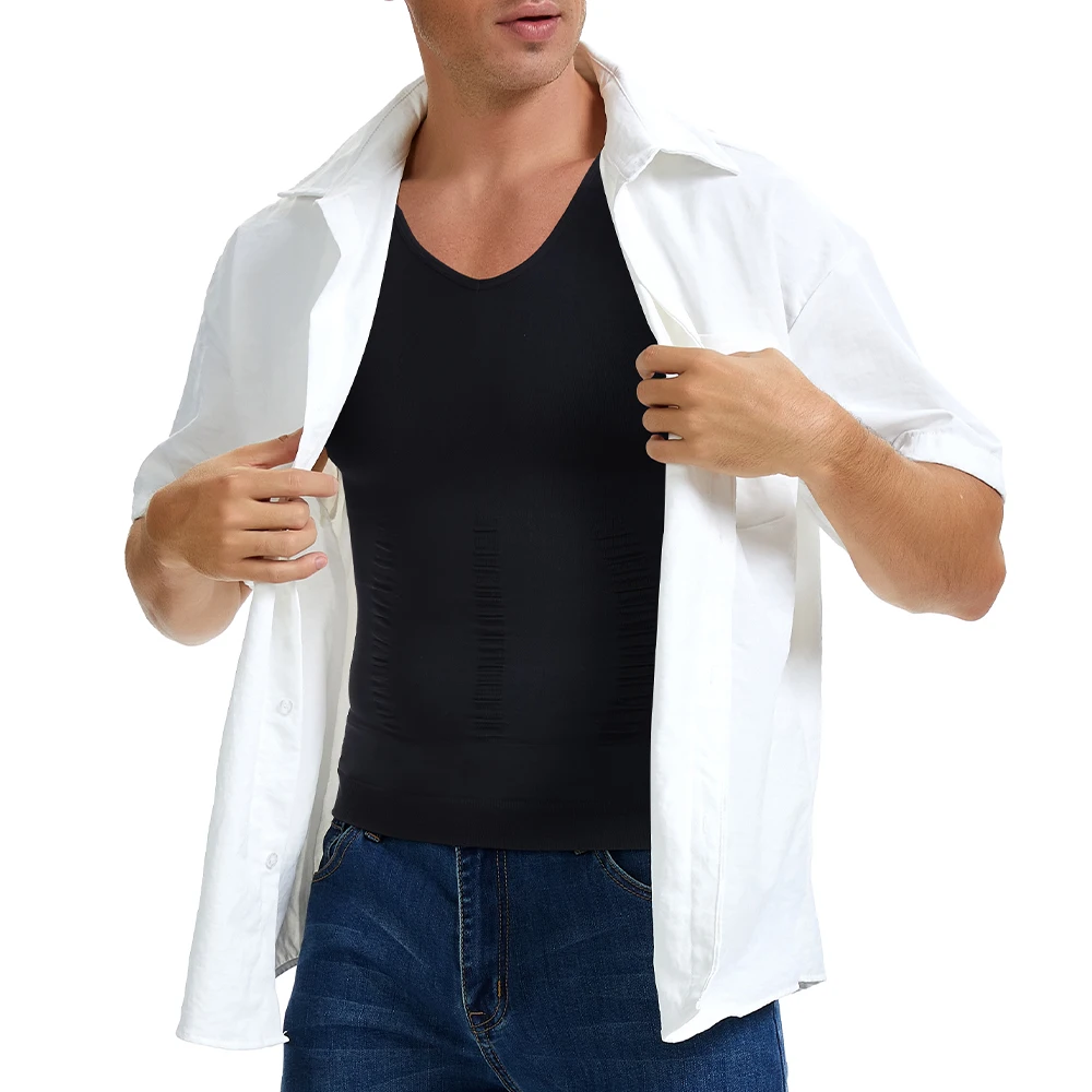 Herren Body Shaper Schlankheitshemd V-Ausschnitt Bauchweste Kompressionsbasisschicht Slim Muscle Tank Top Shapewear – Detail 10