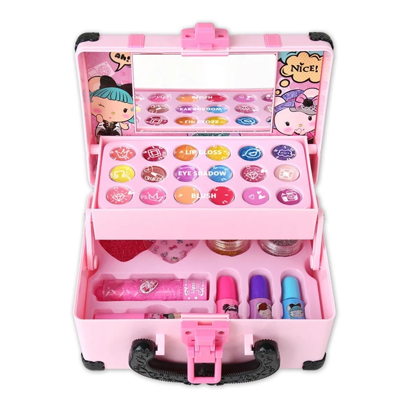 Kit per trucco per bambini per ragazza Giocattolo cosmetico Set di bellezza Rossetto Ombretto con scatola per trucco portatile Set di giocattoli per trucco per bambini