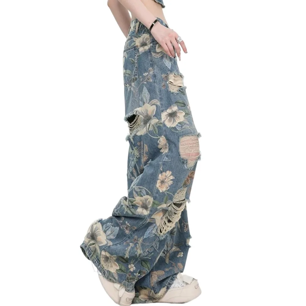 Grunge Floral Jeans Women Y2K Ripped Baggy Broken Hollow Pants Streetwear Loose Flower Cowboy Pants Unisex