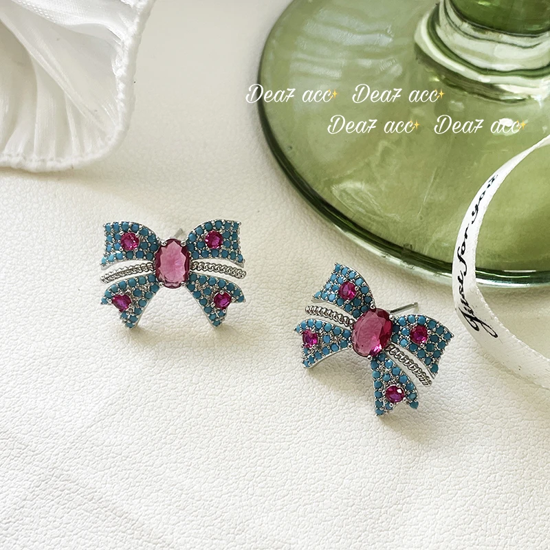 

French retro blue bow high-end elegant temperament stud earrings